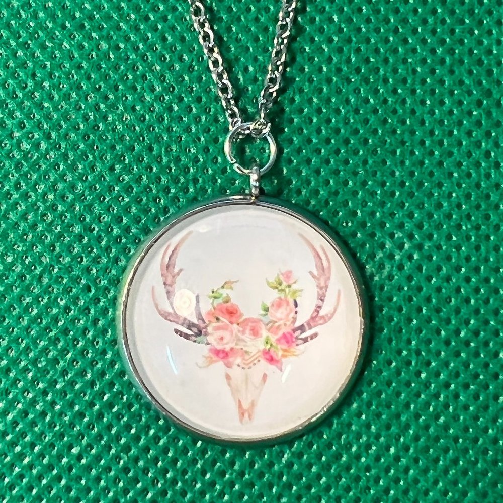 Deer Head with Flowers Silver Tone Pendant Necklace
